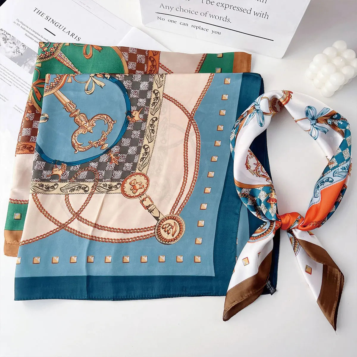 70x70cm Fashionable Korean Style Silk Square Scarf Satin Print Hairband Necktie Hair Accessory Headscarf Versatile Wrap Scarf