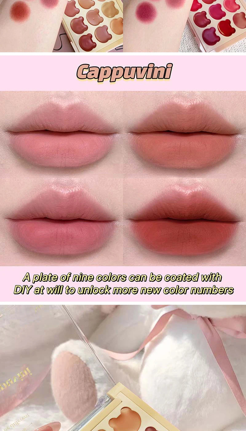 Cappuvini 9 Colors Velvet Lip Mousse - Matte & Natural Finish, Long-Lasting Non-Drying, Cute Bear Design for Youthful Look,