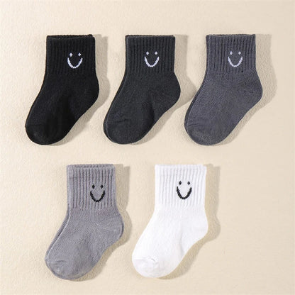 10 Pairs of Cute Solid-Color Smiling Face Pattern Children's Mid-Calf Socks, Suitable for Boys and Girls Socks