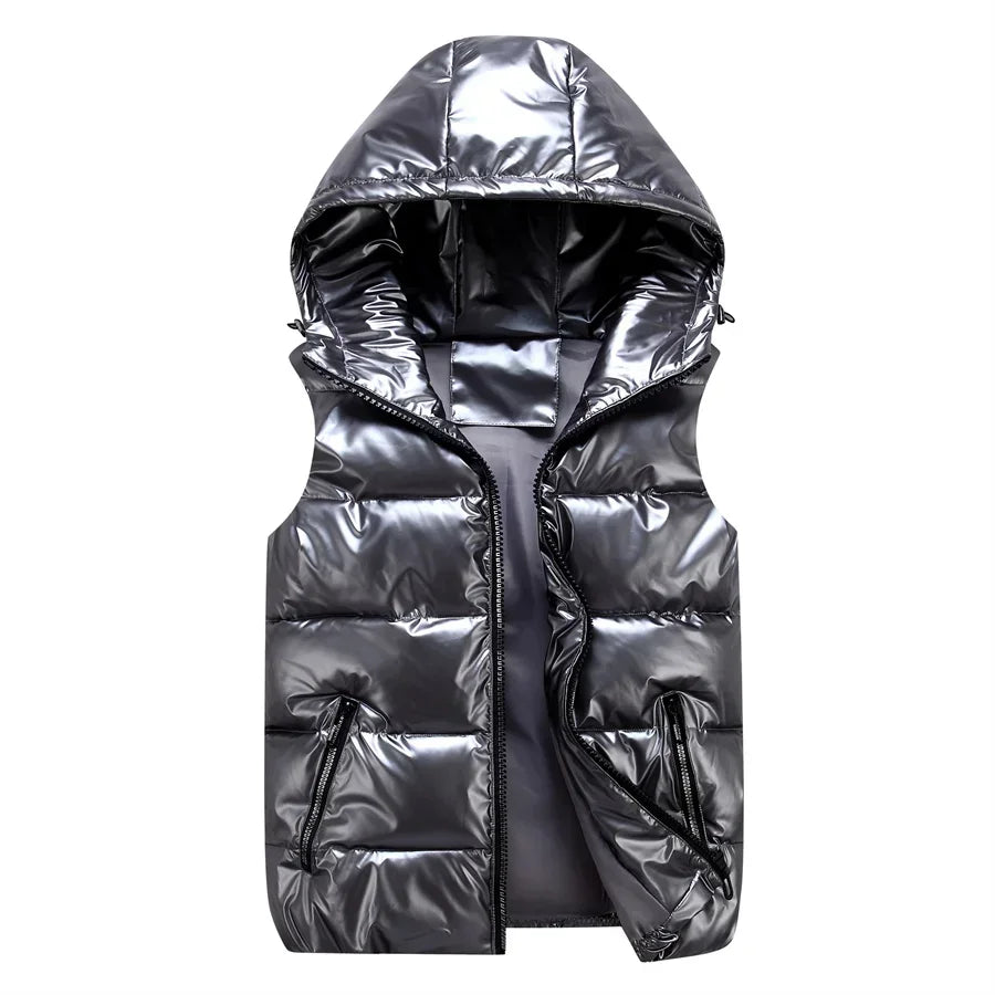 Men’s Glossy Hooded Winter Padded Vest - Waterproof Thicken Sleeveless Jacket, Casual Warm Outwear Waistcoat (Up to 4XL)