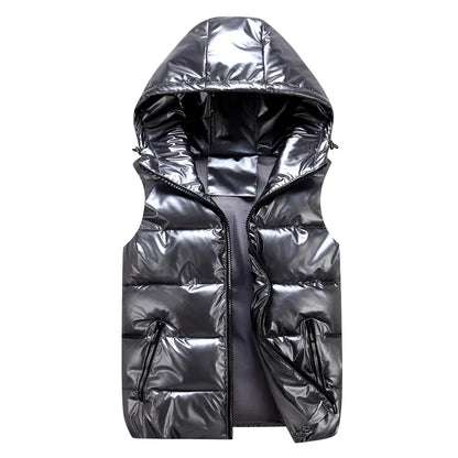 Men’s Glossy Hooded Winter Padded Vest - Waterproof Thicken Sleeveless Jacket, Casual Warm Outwear Waistcoat (Up to 4XL)