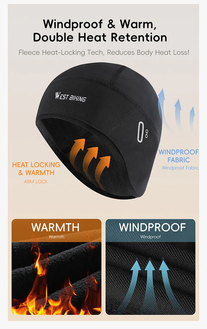 WEST BIKING Winter Fleece Cycling Cap Windproof Thermal Skull Cap Helmet Liner Running Skiing Motocycle Riding Men MTB Bike Hat