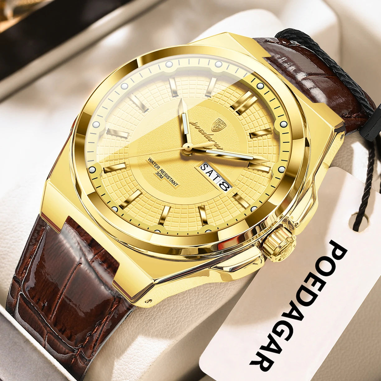 POEDAGAR Fashion Brand Man Wristwatch Waterproof Luminous Date Week Quartz Luxury Men's Watches Leather Business Men Watch Reloj