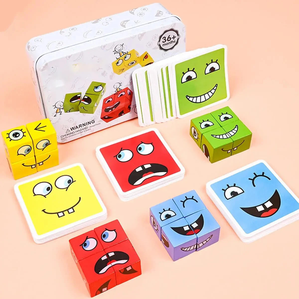 Children's Wooden Four Person Battle Face Changing Facial Expressions Magic Cube Building Blocks Wooden Interactive Games