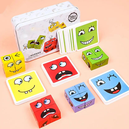 Children's Wooden Four Person Battle Face Changing Facial Expressions Magic Cube Building Blocks Wooden Interactive Games