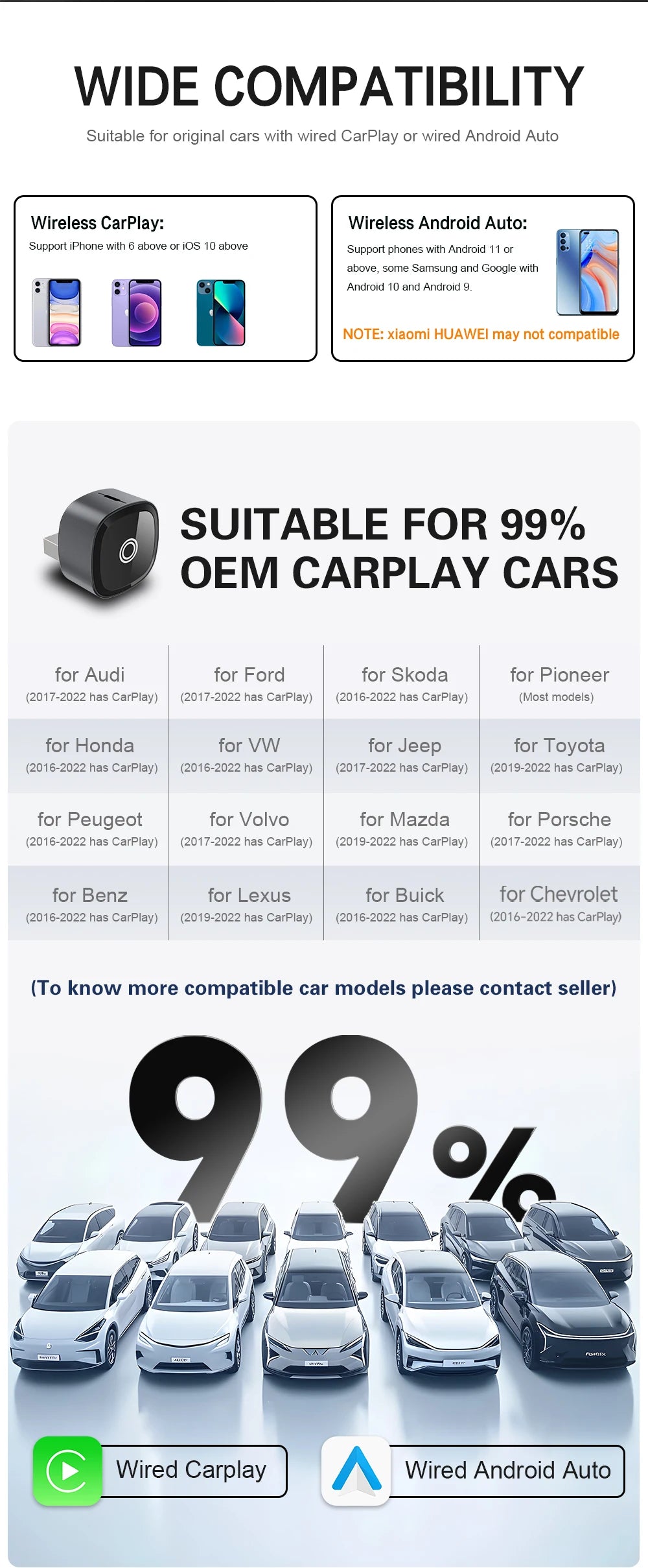 XUDA 2in1 Wireless CarPlay Adapter Android Auto AI Smart Box Car Intelligent Systems For VW Toyota Nissan Honda Ford Benz