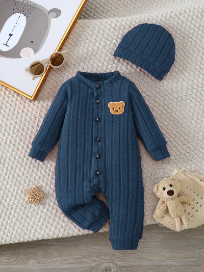 【Baby Boy】Autumn & Winter Red Onesie with Front Single-Breasted Buttons and Cute Bear Badge on Chest + Red Hat Set Featuring a W