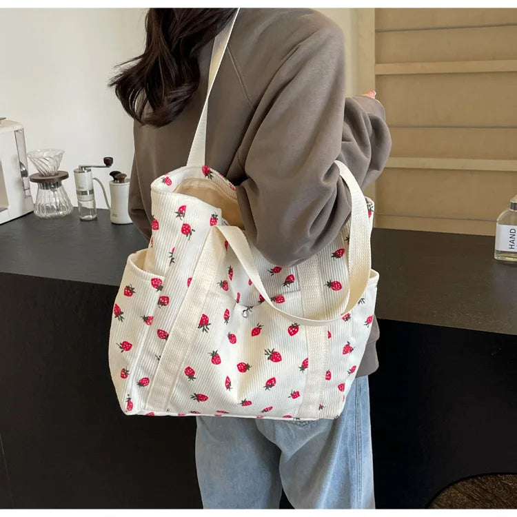 Fashion Corduroy Shoulder Bag for Women, Cute Printed Handbag, Casual Commuter & Shopping Purse, Trendy Underarm Bag