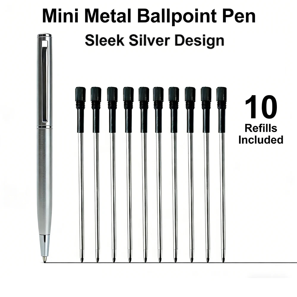 Mini Stainless Steel Metal Ballpoint Pen with 10 Replacement Refills Set, Portable Pocket Ballpen Compact Short Pen for Wallet