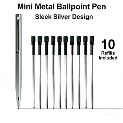 Mini Stainless Steel Metal Ballpoint Pen with 10 Replacement Refills Set, Portable Pocket Ballpen Compact Short Pen for Wallet