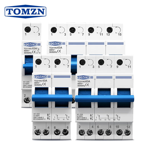 TOMZN TO219G 1P 2P 3P 4P 40A 63A MTS Dual Power Manual Transfer Isolating Switch Interlock Circuit Breaker Blue Generator PV