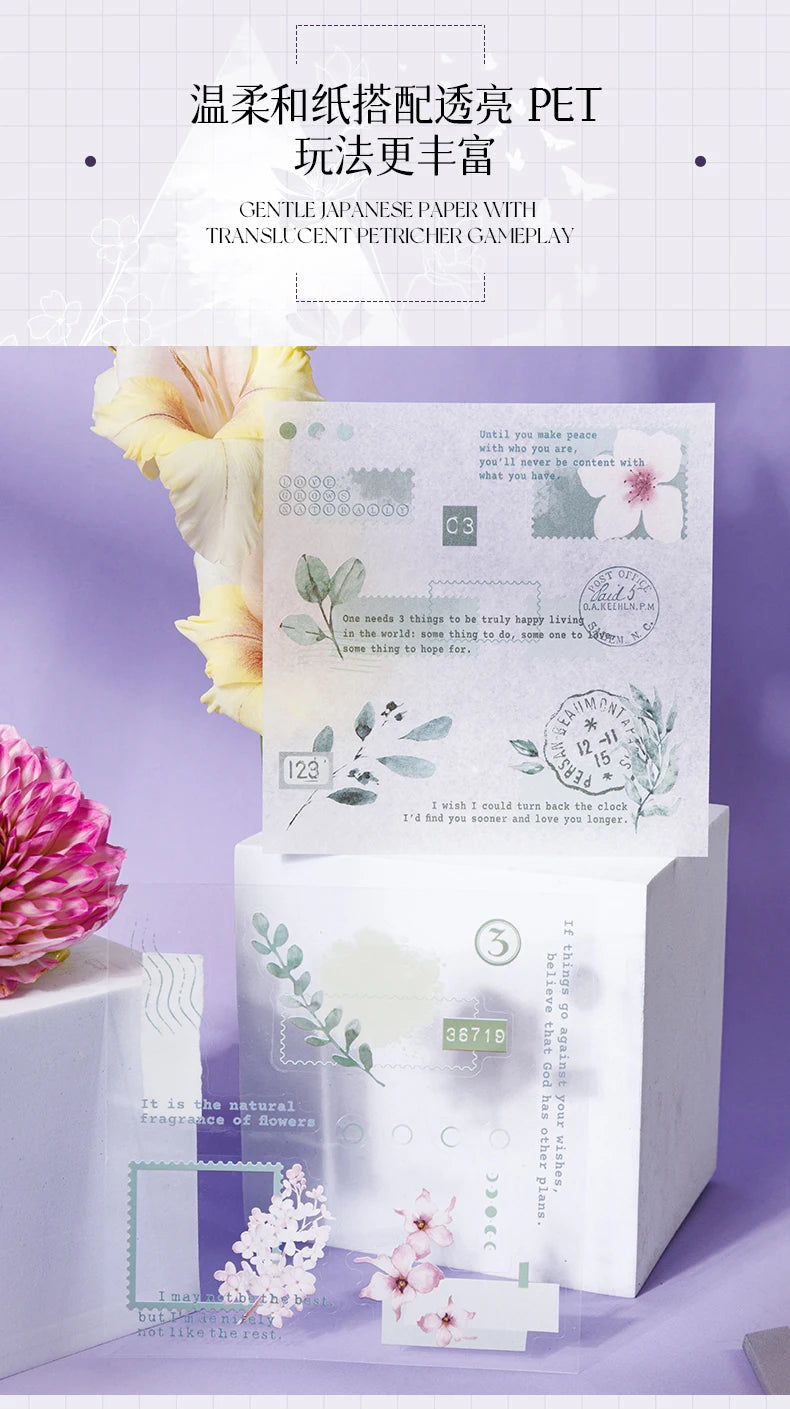 Yoofun 20pcs/lot PET + Washi Paper Aesthetic Flower Stickers Gift Card Journal Scrapbooking Diary Decoration Stationery Labels
