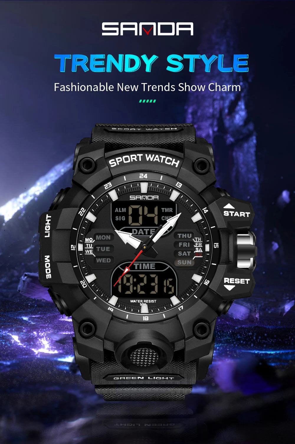 SANDA Luxury G Style Men's Electronic Watch Outdoor Sports LED Analog Digital Chronograph Military Dual Display 50M Waterproof