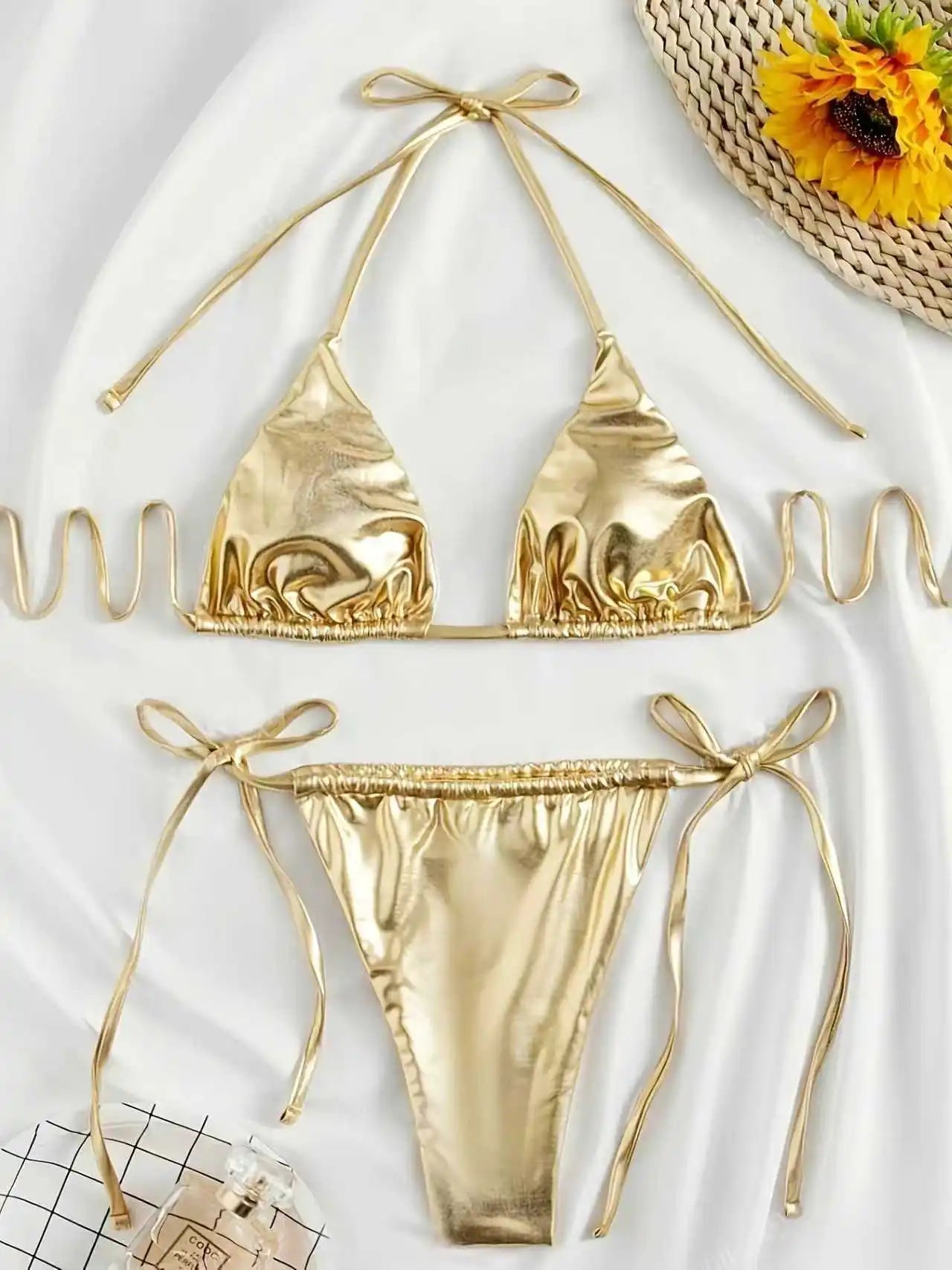 Women Bikini Set 2025 Summer Metallic Gold Shiny Halter Triangle Tie Side String Sexy Swimwear Female Beach Vacation Bathing Sui