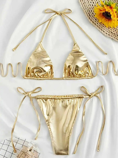 Women Bikini Set 2025 Summer Metallic Gold Shiny Halter Triangle Tie Side String Sexy Swimwear Female Beach Vacation Bathing Sui