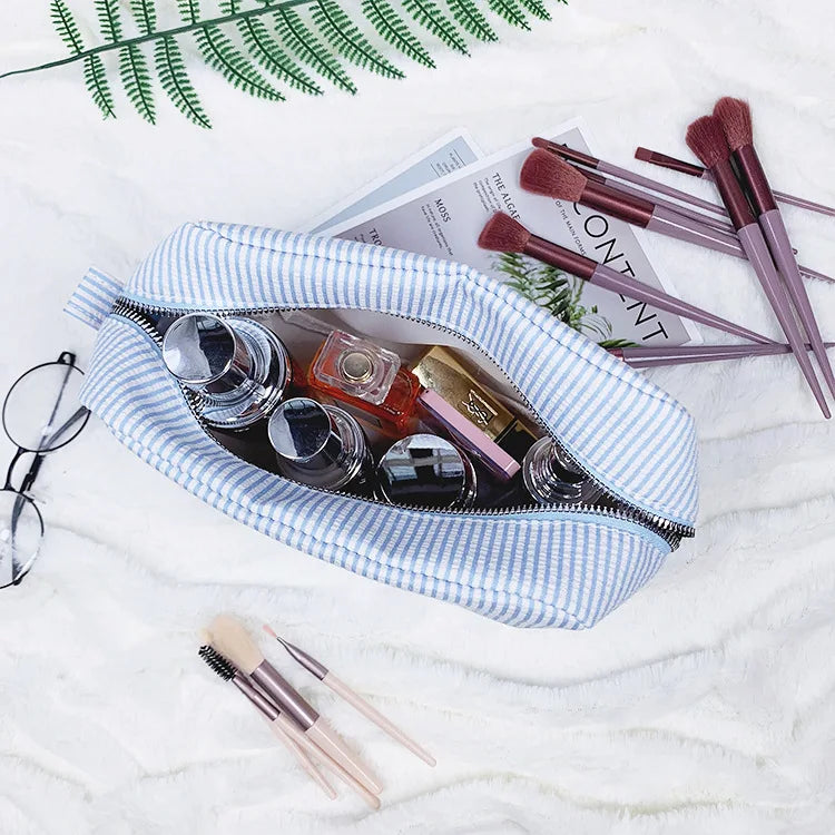Seersucker Ruffle Cosmetic Bags Pink/Purple Striped Storage Make Up Bags for Women Lady with Zipper Travel Bag Makeup Bag
