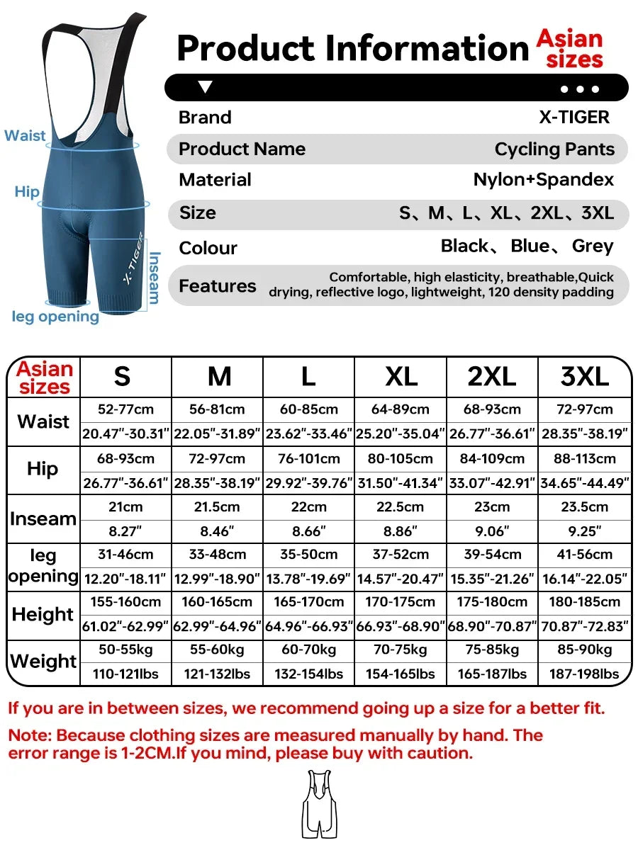 X-TIGER Cycling Bib Pants 120 High Density Cushion Men's Cycling Shorts Road Bike MTB Cycling Pants Sports Fitness Casual Pants