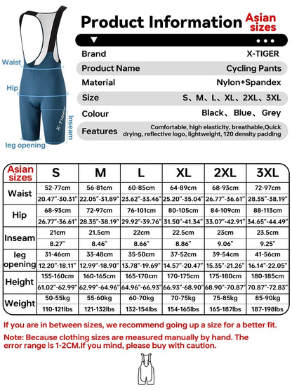 X-TIGER Cycling Bib Pants 120 High Density Cushion Men's Cycling Shorts Road Bike MTB Cycling Pants Sports Fitness Casual Pants