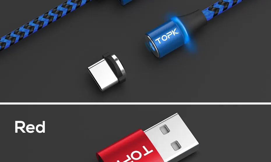 Magnetic Charging Cable 3 IN 1 TOPK 360 Rotation Magnetic Phone Charger Cable with LED Light for Micro USB Type C Cable