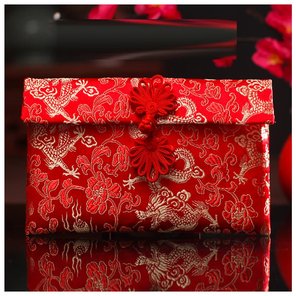 Chinese Style Brocade Red Envelope Bag Spring Festival Luck Red Packets Bag for Chinese Wedding Birthday Invitation Card Bag