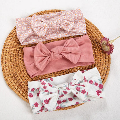 3Pcs/lot Ins Ribbed Baby Girls Headbands Floral Red Heart Dasiy Print Bows Elastic Hair Bands Toddler Vintage Hair Accessories