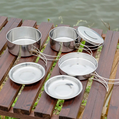 8pcs Stainless Steel Camping Cookware Mess Kit with Cooking Pot Pan Set Plates Cups for Outdoor Hiking Backpacking