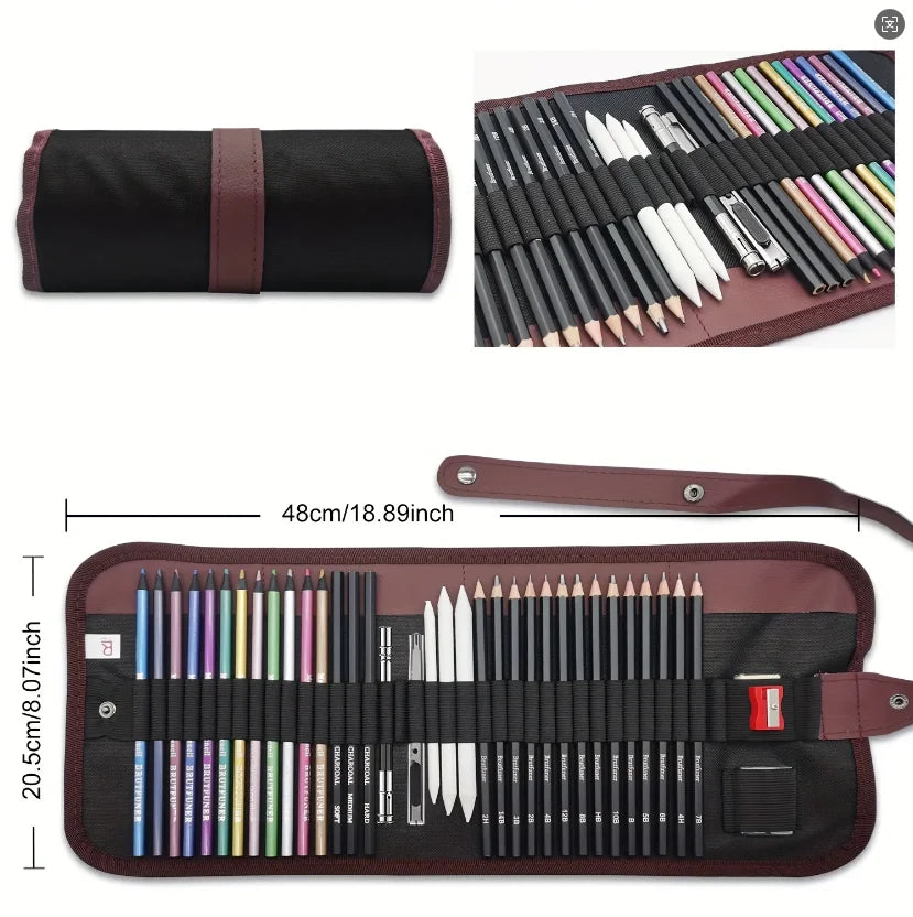 29Pcs Drawing Kit Sketching Pencils Set,Portable Pen Curtain-Charcoal Pencils, Sketch Pencils, Charcoal Stick,Sharpener,Eraser