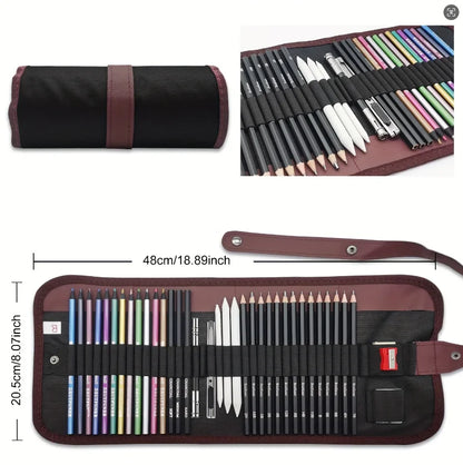29Pcs Drawing Kit Sketching Pencils Set,Portable Pen Curtain-Charcoal Pencils, Sketch Pencils, Charcoal Stick,Sharpener,Eraser