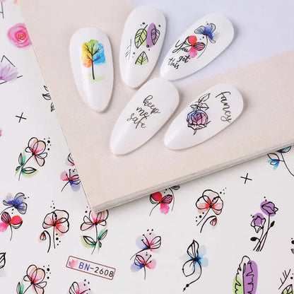 12 Pcs Summer Ink Blooming Flowers Nail Art Stickers, Water Decal Leaves Graffiti Slider Nail Decoration