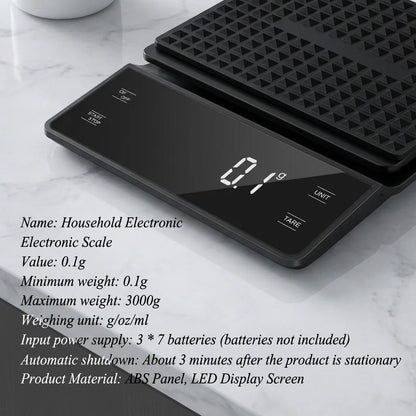 3kg/0.1g Coffee Scale with Timer Kitchen Tools Digital Multifunction Weighing Scale Pour Over Drip Espresso Scale LCD Display