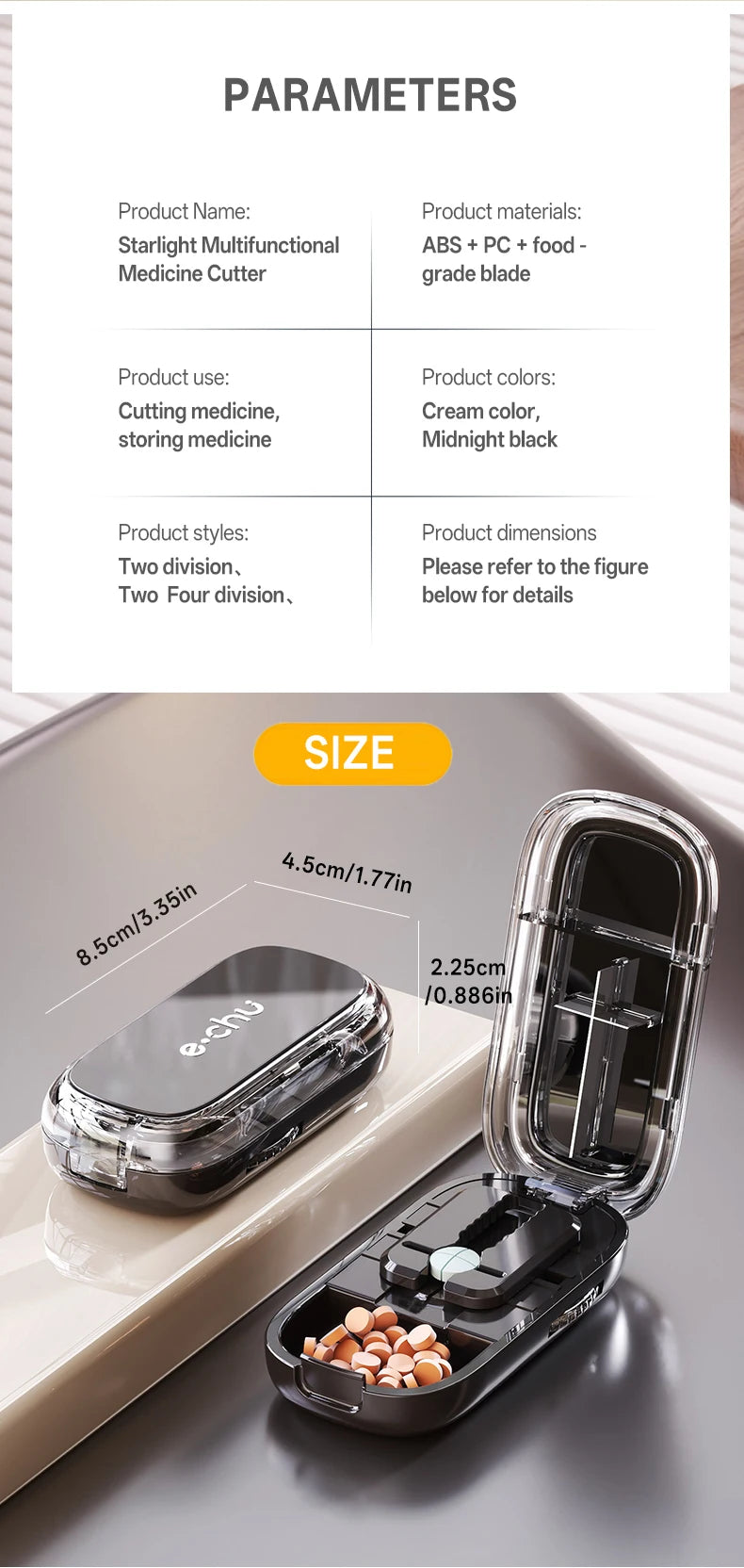 Pill Cutter & Storage Box – Quartering 1/2/1/31/4 Splitter, Portable Dustproof Tablet Divider Organizer with Crusher
