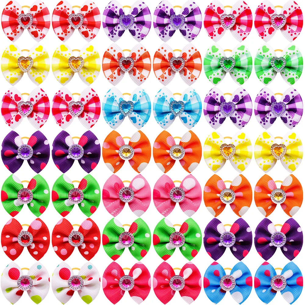 20pcs Dog Hair Bows Dog Bows with Diamond Colorful Grooming Rubber Band for Small Dog Pet Girls Grooming Hair Accessories