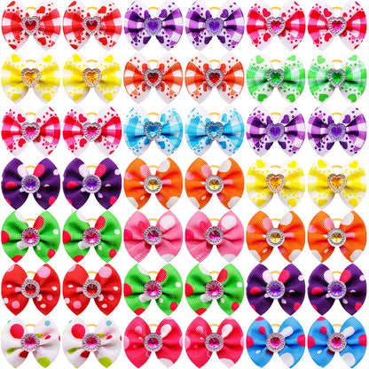 20pcs Dog Hair Bows Dog Bows with Diamond Colorful Grooming Rubber Band for Small Dog Pet Girls Grooming Hair Accessories