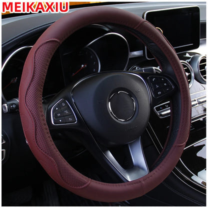 38cm PU Fiber Leather Steering Wheel Cover Embossed Style round Car Decorations Accessory with Inner Ring for All Seasons