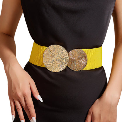 Women Solid-Color Belt,Wide Elastic Belt ,Coat/Dress Accessories Waist Belt,Chunky-Gold Discs Round Belts,for Daily/Party Use