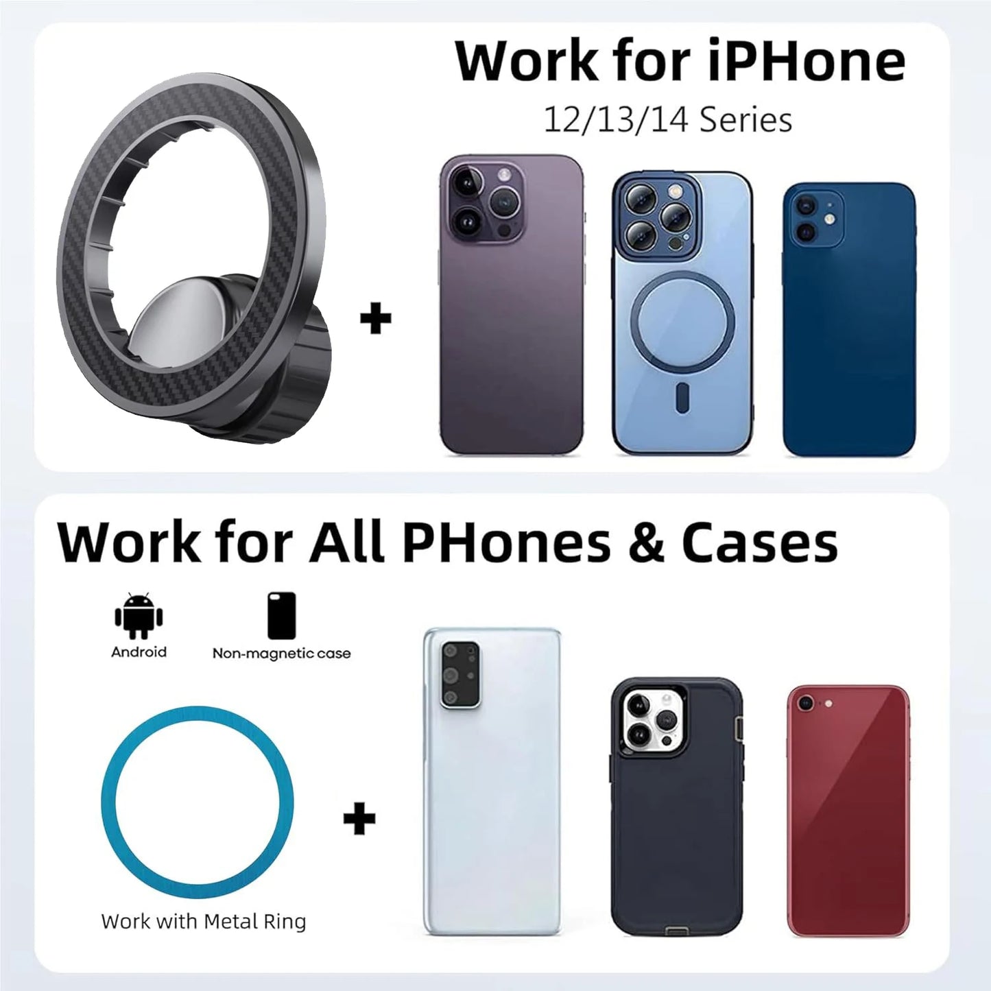 Magnetic Ring Phone Holder Mount 360° Adjustable - 17mm Ball Head Compatible iPhone 17-12 for Car Vent Dashboard Windshield