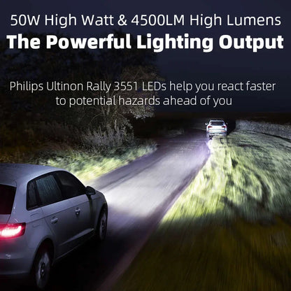 Philips Ultinon Rally 3551 LED H4 H7 H11 HB3/4 9006 9005 HIR2 Car Headlight 6500K White Max Power 50W Max Lumen 4500lm LED Bulb