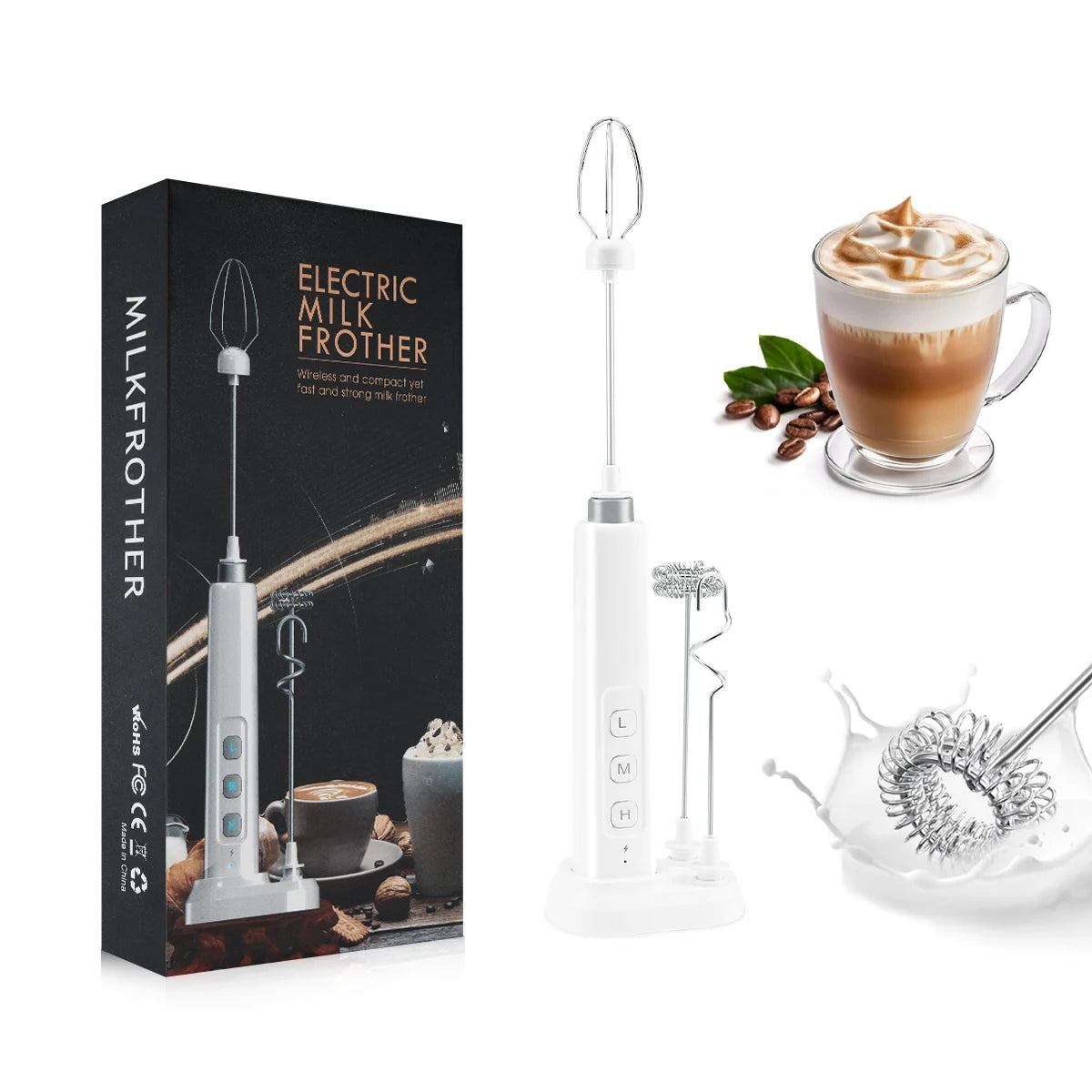 Wireless Rechargeable Electric Milk Frother - 3 Speeds, Handheld Foam Maker for Latte, Cappuccino, Hot Chocolate - USB Rechargea