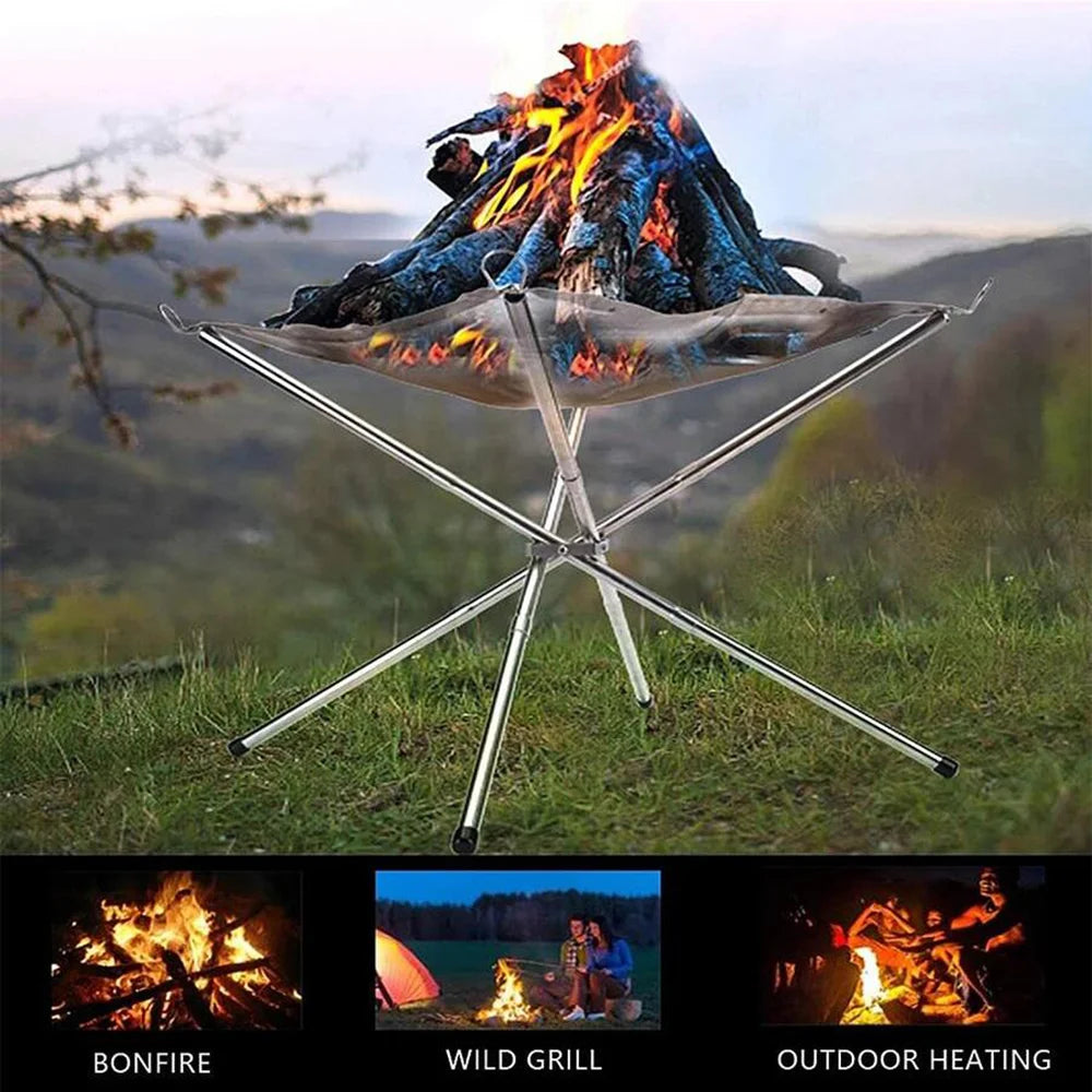 Portable Outdoor BBQ Bonfire Rack, BBQ Fire Pit Grill, Stainless Steel Mesh Fire Pit Wood Stove Stand, Foldable Fire Frame Rack