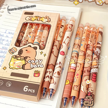 6pcs Cute Capybara Erasable Gel Pens | 0.5mm Retractable Blue Ink for School & Office | Smooth Writing & Quick-Drying (6 Colors)