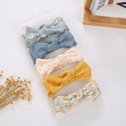 5Pcs/Set Solid Muslin Cotton Linen Baby Headband Elastic Rabbit Ear Hair Band Infant Girl Turban Headwraps Stretch Accessories