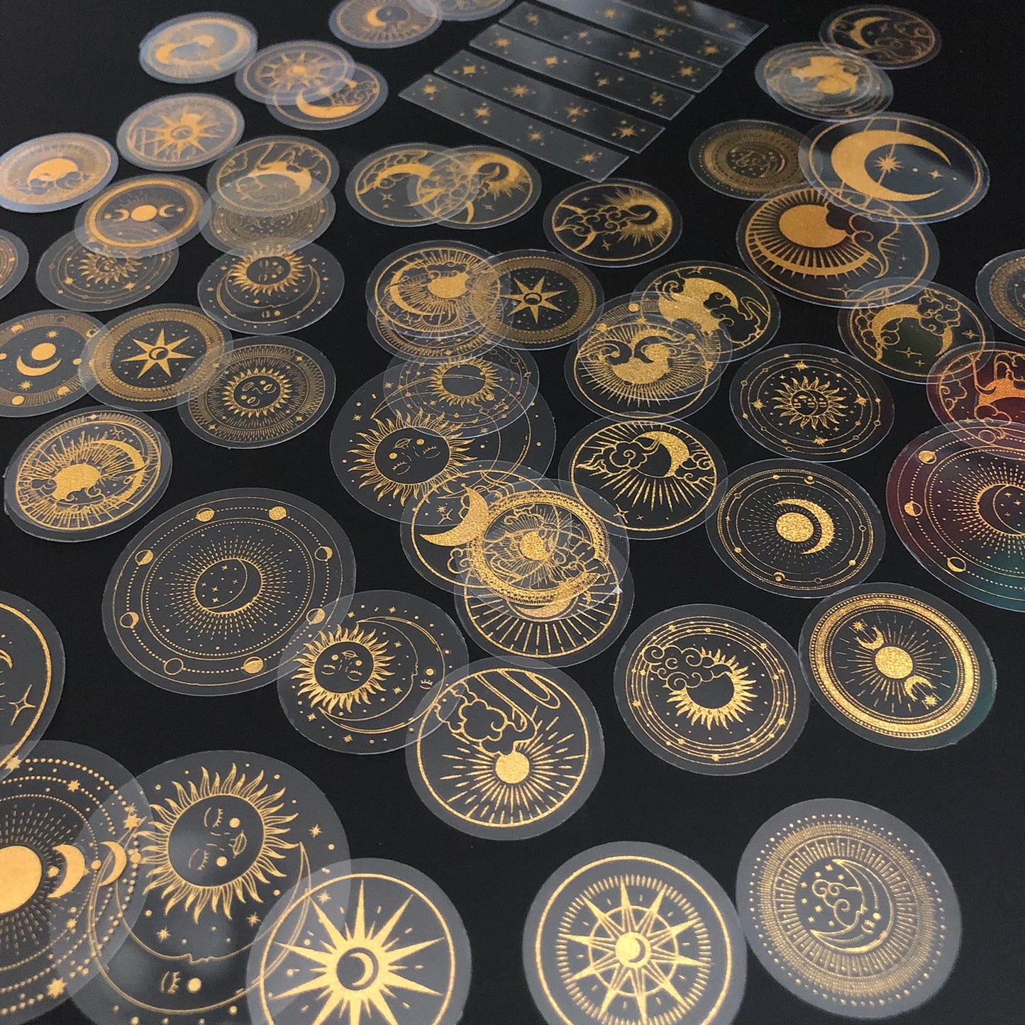 70 pcs Glitter Gold PET Adhesive Stickers Waterproof Transparent Label: SUN MOON Stars Etc
