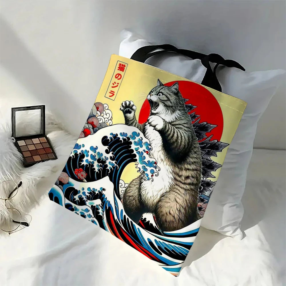 Catzilla Japanese Art Tote Bag Reusable Shoulder Shopping Beach Bag For Women, Durable Casual Carryall