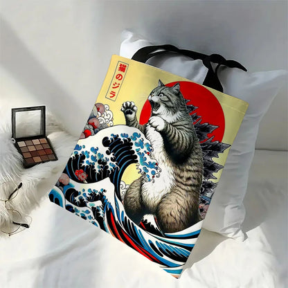 Catzilla Japanese Art Tote Bag Reusable Shoulder Shopping Beach Bag For Women, Durable Casual Carryall