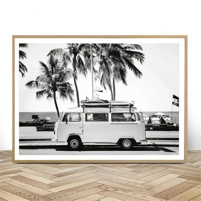 Beach Camper Van Surfing Ocean Landscape Wall Art  Palm Tree  Surfboard Canvas Painting  Home Room Decor Poster Prints