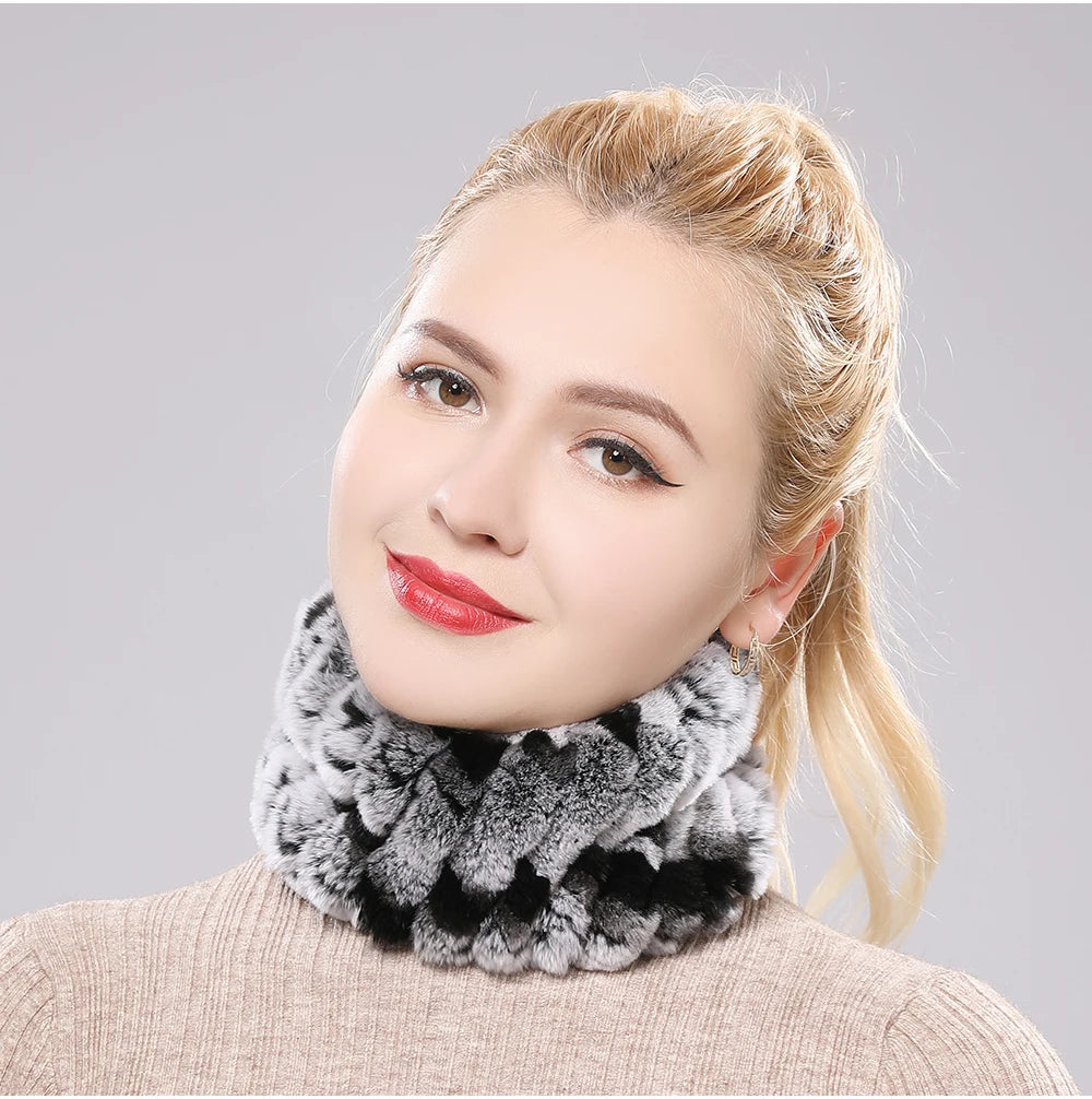 Women Handmade Stretch 100% Real Rabbit Fur Scarf Knit Genuine Rex Rabbit Fur Headbands Girls Natural Rabbit Fur Ring Scarves