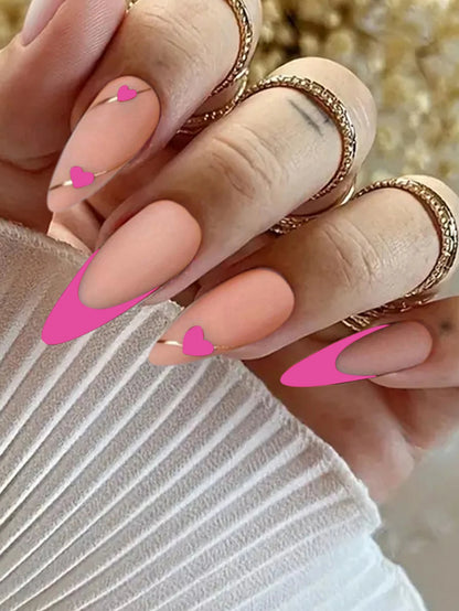 24PCS/ medium almond nail, red love pattern decoration, gold line outline, exquisite elegance, simple and generous, suitable for