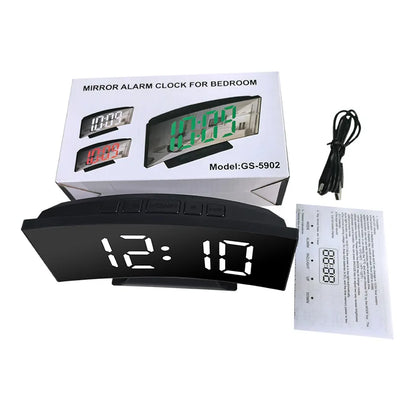 Curved Screen Clock Digital Led Alarm Clock with Temperature Display Large Mirror Clock Snooze Bedside Table Clock Room Decor