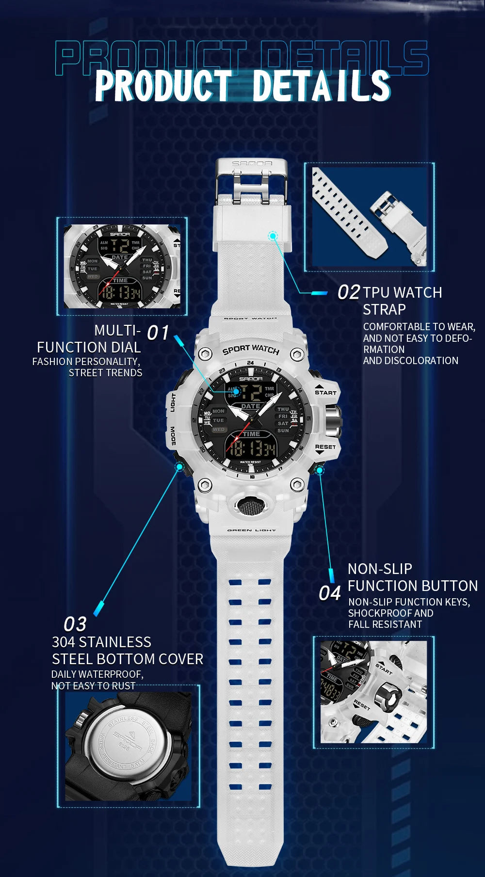 SANDA Luxury G Style Men's Electronic Watch Outdoor Sports LED Analog Digital Chronograph Military Dual Display 50M Waterproof