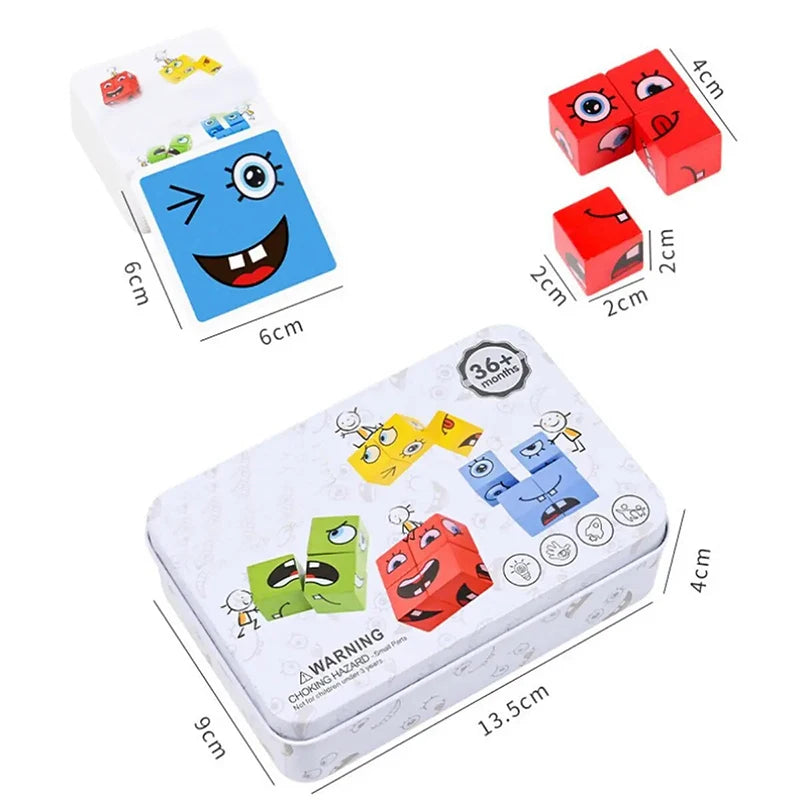 Children's Wooden Four Person Battle Face Changing Facial Expressions Magic Cube Building Blocks Wooden Interactive Games
